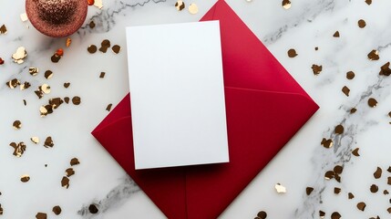 White christmas card resting on red envelope, sprinkled with golden confetti, elegant marble background creating festive holiday scene