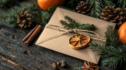Rustic christmas card nestled in kraft envelope, adorned with pine sprigs, dried citrus, and cinnamon sticks evoking seasonal warmth
