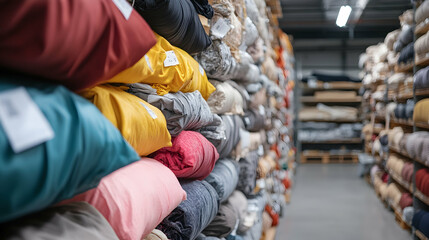 Textile facility workflow with sorted fabric materials in organized storage