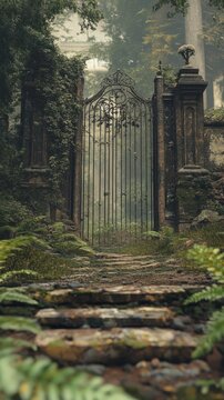 Overgrown stone gate, path leads to misty woods.