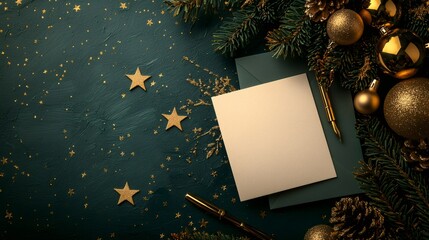Christmas greeting card and envelope resting on a dark green surface, surrounded by golden decorations, stars, and pine branches