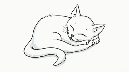 Curled-Up Sleeping Cat Line Drawing