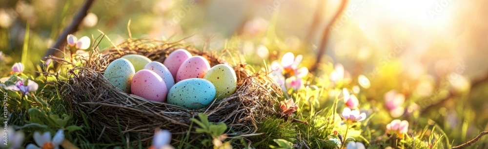 Poster colorful easter eggs in a bird's nest on a green grass meadow with spring flowers and sunrays wide b