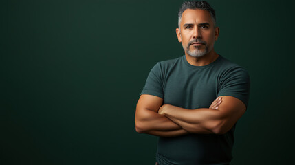 Fototapeta premium Strong Hispanic Man in His 40s Standing with Arms Crossed, Showcasing His Muscular Build Against a Solid Dark Green Background, Exuding Confidence and Power
