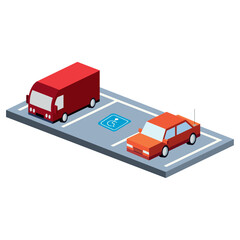 Isometric Vector Illustration of a Parking Lot with Cars and a Reserved Handicapped Space
