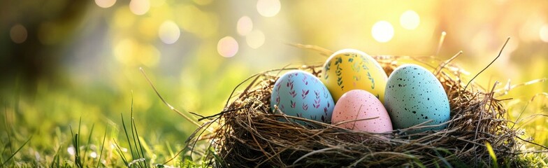 Colorful Easter eggs in a bird's nest on a green grass meadow with sun rays and a bokeh background, wide panorama Generative AI