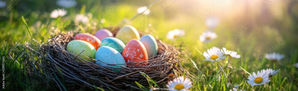 Poster easter banner with colorful painted eggs in a bird's nest on a green grass meadow with daisies and s