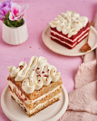 Carrot cake and red velvet in pink background