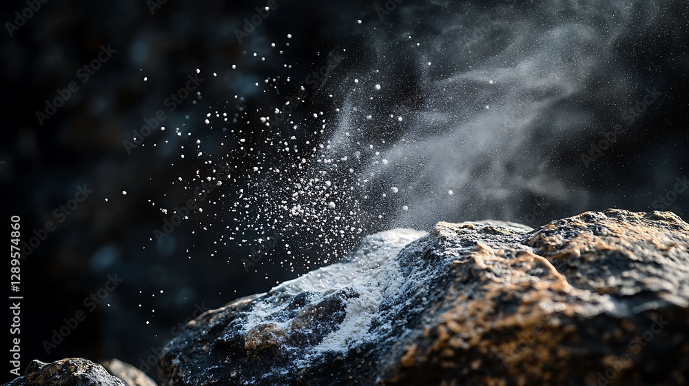 Poster dust exploding from rock creating a dramatic and dynamic visual effect