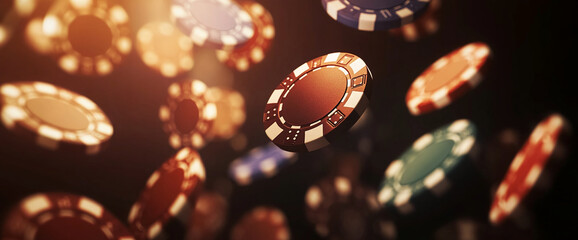 Close-up shot of floating casino poker chips against a blurry dark background, symbolizing luck, gambling, and excitement, representing high-stakes gaming and risk-taking.