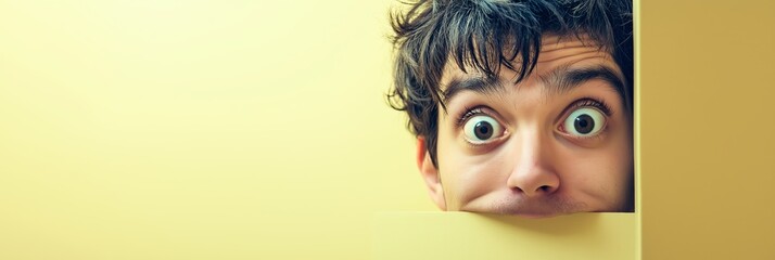 A young man curiously peeks over a yellow partition, exhibiting a playful and inquisitive demeanor.