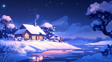 Naklejka premium Snowy Night Cottage by River