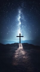 Naklejka premium A silhouetted cross and a celestial Milky Way night sky