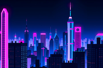 Obraz premium Vibrant Neon Cityscape Illustration with Skyscrapers at Night in Futuristic Style