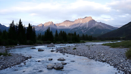 river in the forest with a mountain landscape