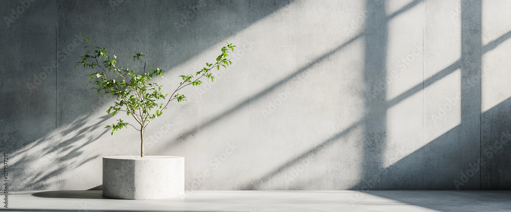 Poster a tree in a modern concrete pot casting shadows on a textured wall with sunlight, symbolizing nature