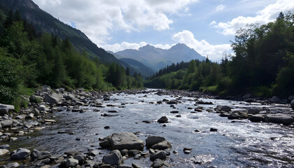 river in the forest with a mountain landscape