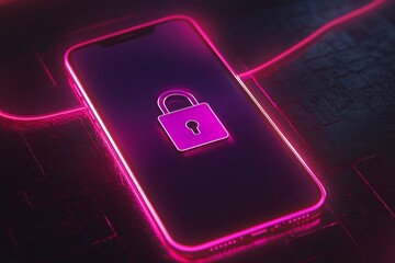 Cybersecurity Mobile Phone Neon Padlock Digital Privacy Protection Smartphone Secure Technology Data Safety Internet Network Modern Design Abstract   