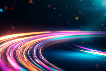 Obraz premium Futuristic neon arcs shine in dark cyber environment, forming a luminous tunnel of light. Abstract waves create a high-tech digital atmosphere, reflecting modern virtual reality aesthetics.