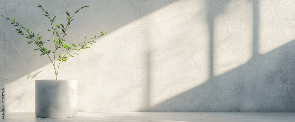 Poster a small indoor tree in a white concrete pot sits beside a light-colored wall, with sunlight casting 