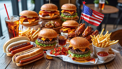 delicious different traditional american food with american flag on a table in a cafe
