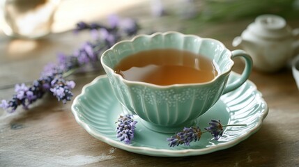 Fototapeta premium Enjoy a delightful springtime treat with a cup of fragrant lavender tea. Its pastel green saucer adds a touch of elegance to your tea party or high tea experience.
