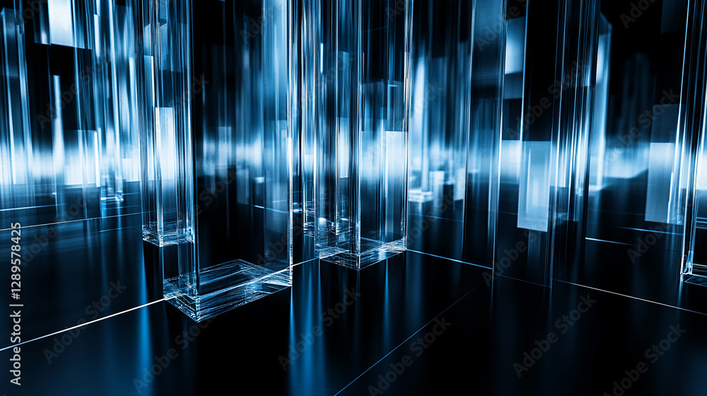 Poster abstract glass structures with blue and black lighting, showcasing a futuristic design, technology, 