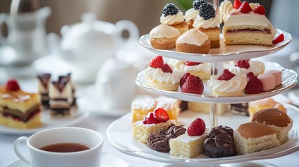 Obraz premium Enjoy classic English afternoon tea with a variety of delicious cakes and sandwiches