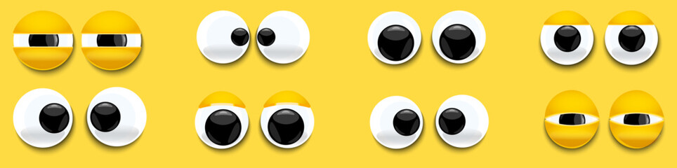 Set of cartoon, comical eyes. Cute character with round eyes and eyelashes. Shiny, bulging, eyes with emotions. Angry looking down, up, left, right. Shaky, stupid, funny pairs of eyes. Vector	