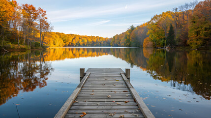 Serene Autumn Lakeside Setting with Golden Foliage and Clear Reflection on Water