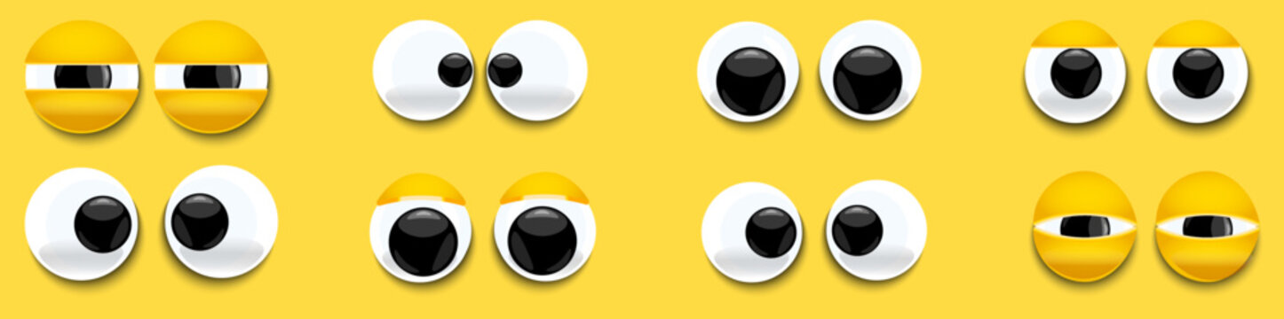 Set of cartoon, comical eyes. Cute character with round eyes and eyelashes. Shiny, bulging, eyes with emotions. Angry looking down, up, left, right. Shaky, stupid, funny pairs of eyes. Vector	