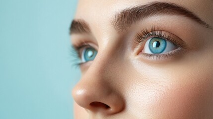 Obraz premium Close-up of woman's face, focusing on bright blue eyes and clear skin, looking towards the side.
