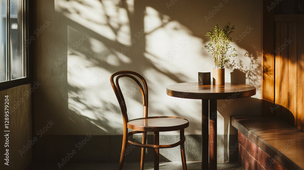 Poster Wooden chair and table with a small plant and vase illuminated by soft sunlight, casting dynamic shadows on the wall, creating a calm and inviting atmosphere.