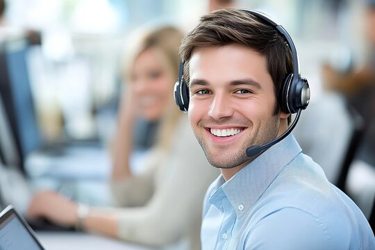 Happy Smiling Customer Service Representative Wearing Headset Professional Business Call Center Support Agent Friendly Helpline Operator Portrait     