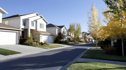 Suburban street, autumn leaves, houses, sunny day, residential area, real estate