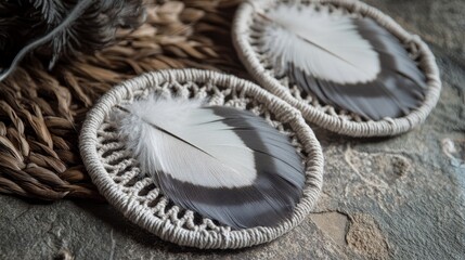 Naklejka premium Handmade macrame coasters bring a touch of elegance with their unique design. Adorned with a trio of gray and white quail feathers, they create an eye-catching centerpiece on any table.