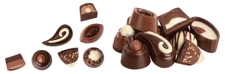 Chocolate candy isolated on white background with full depth of field. Top view with copy space for your text. Flat lay