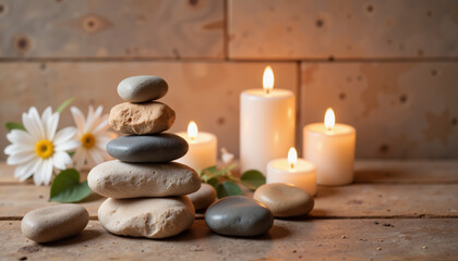 Obraz premium Calming meditation stones with candles on wooden surface, inner peace