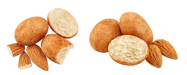 Marzipan balls or potatoes with almond isolated on white background full depth of field. Top view. Flat lay