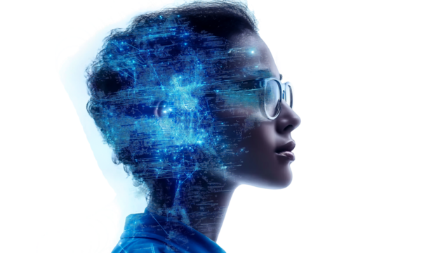 Digital Mind Abstract Profile Portrait with Data Stream and Glowing Blue Hues, PNG