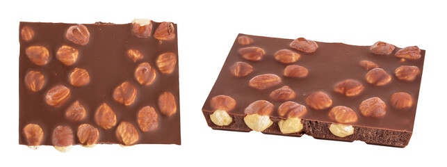 Chocolate with hazelnuts isolated on white background with full depth of field. Top view. Flat lay
