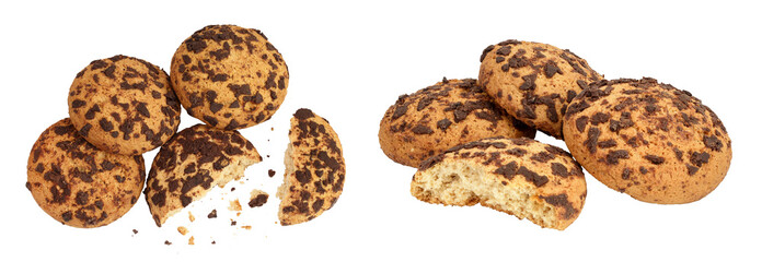oatmeal chocolate chip cookie isolated on white background. Top view. Flat lay