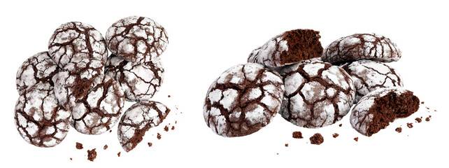 Chocolate brownie cookie isolated on white background. Top view. Flat lay