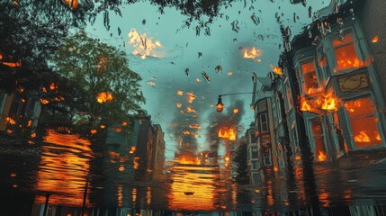 Obraz premium Rainy night, fire reflection, urban puddle.
