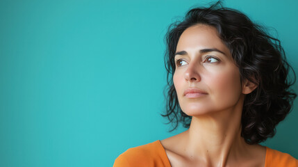 Hispanic Woman in Her 40s Gazing Contemplatively with a Reflective Expression Against a Solid Teal Background, Conveying Depth and Introspection