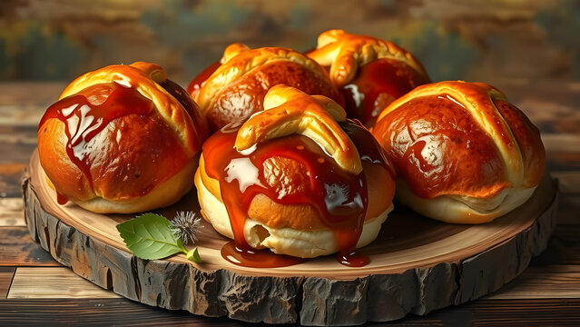 Glazed hot cross buns sit on a rustic wooden slice, their warm color inviting a taste - Powered by Adobe