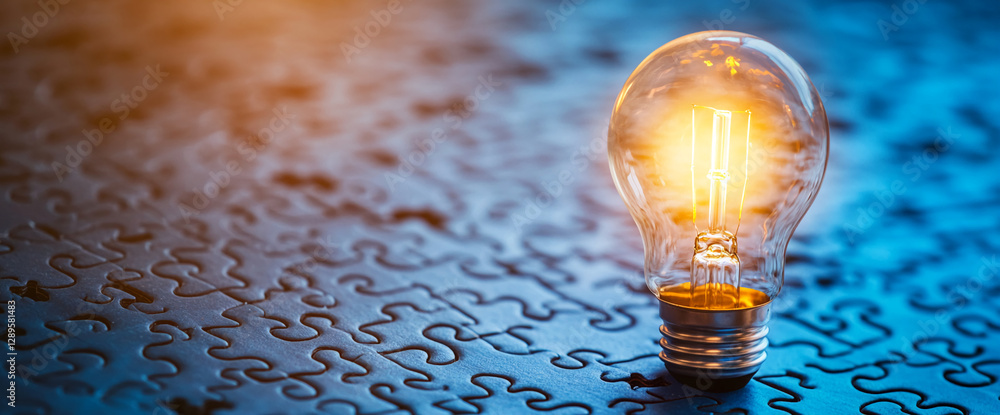 Poster a glowing lightbulb on a puzzle background, symbolizing problem-solving, creativity, and innovation,