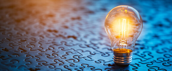A glowing lightbulb on a puzzle background, symbolizing problem-solving, creativity, and innovation, showcasing the idea of connecting solutions and ideas in business or life.
