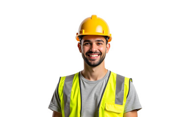 Construction worker in helmet and reflective vest, isolated on transparent background