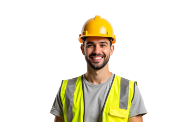 Construction worker in helmet and reflective vest, isolated on transparent background